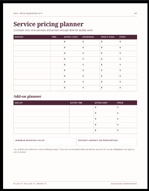 Service pricing planner from the Nail Tech Business Kit, with service costs, profit goals, prices, and an add-on planner.