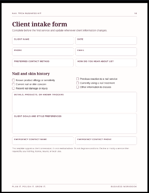 Client intake form from the Nail Tech Business Kit, with contact information, nail and skin history, and style preferences.