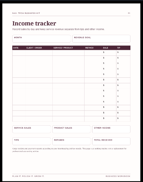 Income tracker from the Nail Tech Business Kit, with sales, tips, payment methods, and monthly income totals.