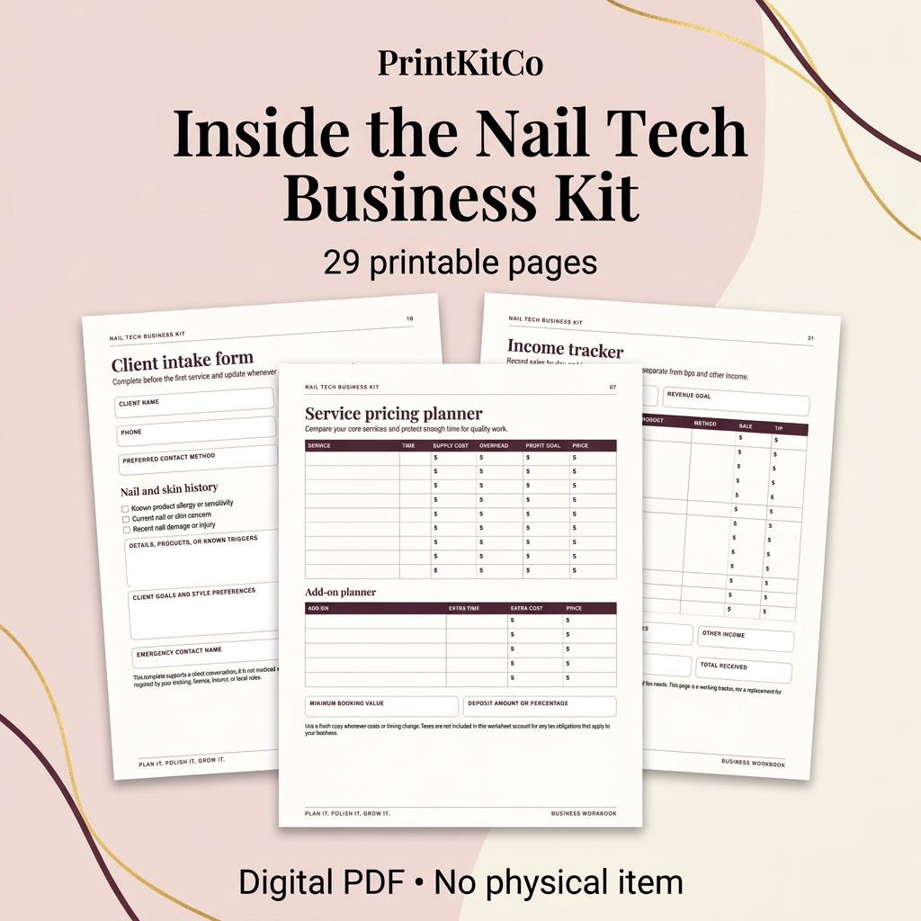 Preview collage of the Nail Tech Business Kit pricing planner, client intake form, and income tracker. 29 printable pages in a digital PDF.